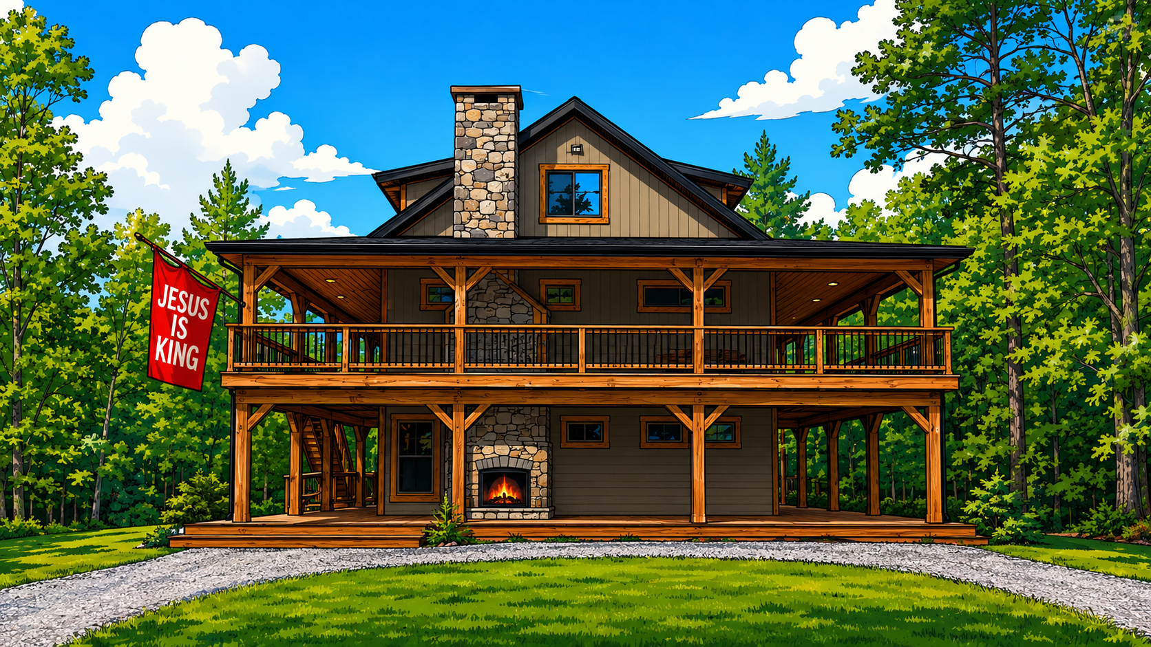 Cartoon illustration of a cabin in the woods with a Jesus Is King flag